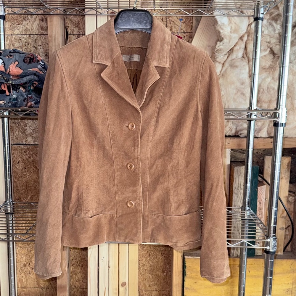 i.e. Petite Suede Blazer Women PS Tan Excellent Leather 3-Button Notched Lapel